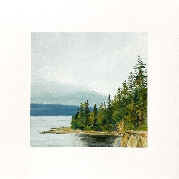 Other - 8x8 PNW Original Oil Painting Seascape Pacific Ocean Coastal Pine Trees Signed